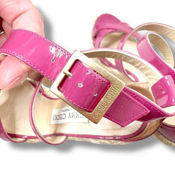 Jimmy Choo Dark Pink Patent Leather Porto Espadrille Platform Wedge Sandals 38 - Picture 11 of 12